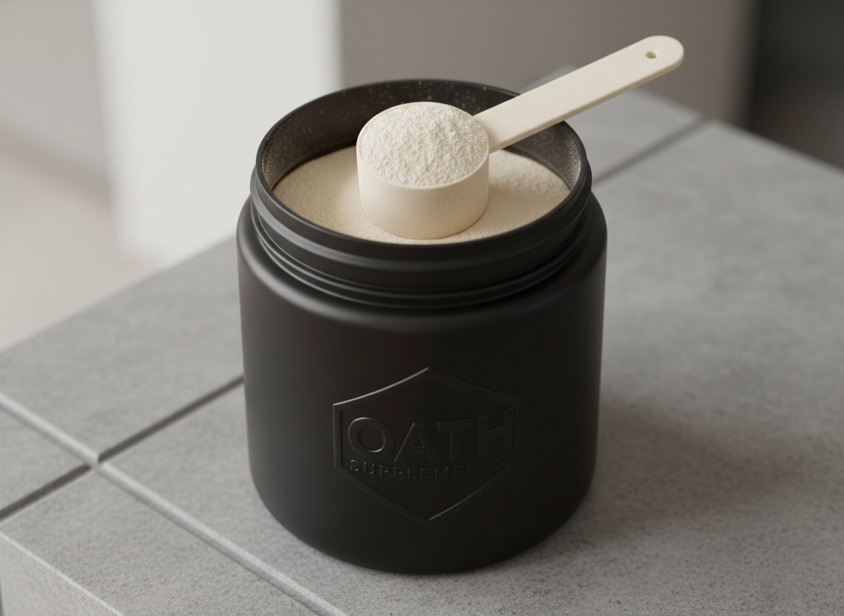 A close-up of a finely textured, organic powder scoop resting halfway into an elegantly designed matte-black supplement container embossed with the Oath Supplements logo. The smooth, powdery surface of the supplement is accentuated under soft, diffused directional lighting, revealing subtle granularity and a sense of purity. The container sits on a cool gray stone countertop featuring clean, minimalist geometry, with a sharp focus on the scoop and a gentle bokeh background of neutral, subdued color. Photographed from a moderate top-down angle, the overall atmosphere suggests purity, quality, and scientific rigor. The image style remains clean-lined and contemporary, ideal for a professional health brand.