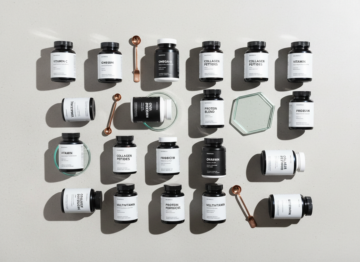 A structured flat-lay composition displaying an organized assortment of high-quality supplement bottles and containers, each featuring minimalist monochrome labels. The arrangements create clean visual lines atop a light concrete background, interspersed with geometric glass coasters and metallic measuring spoons. Soft, shadowless daylight from above highlights the products with even, natural illumination, ensuring sharp detail and clarity across the image. The overall atmosphere is analytical and modern, driven by a meticulously arranged, grid-like structure. The aesthetic conveys corporate precision and reliable quality, aligning perfectly with a professional supplement e-commerce store.