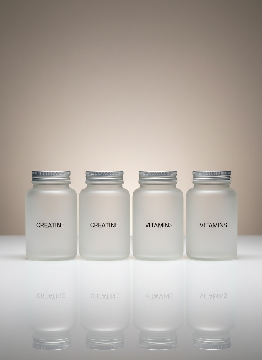 An array of pristine frosted glass supplement jars with matte silver screw-top lids, each labeled with minimalist black typography denoting "Creatine" and "Vitamins." The containers are positioned in a crisp, structured row atop a sleek white acrylic surface with subtle reflections. The background is softly blurred with a gentle gradient of neutral taupe tones, adding depth without distraction. Illuminated by diffuse overhead studio lighting, there are clean highlights on the jars and faint shadows anchoring them. The composition is symmetrical and balanced, shot at eye level for a professional, trustworthy presence. The mood is refined, calm, and reassuring, with a corporate, photographic realism that aligns with a modern e-commerce storefront.